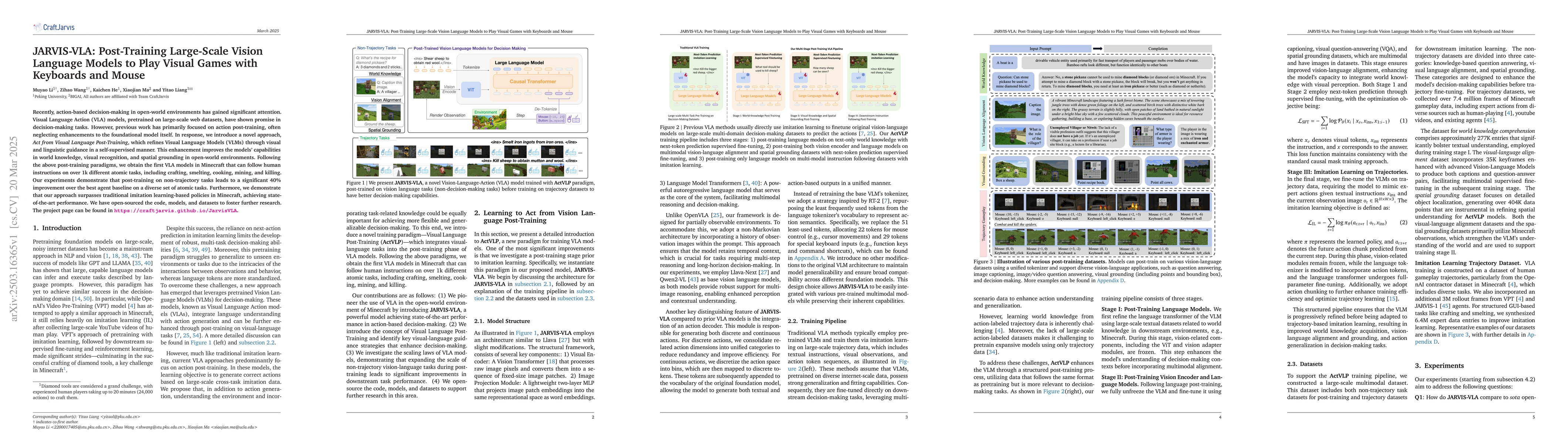 Thumbnail for JARVIS-VLA: Post-Training Large-Scale Vision Language Models to Play
  Visual Games with Keyboards and Mouse