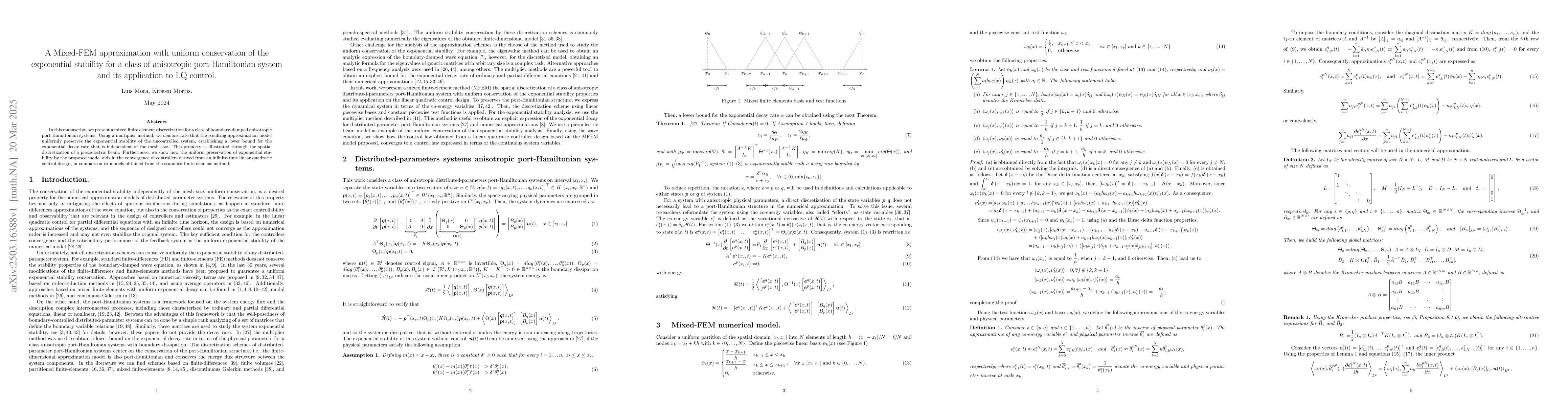 Thumbnail for A Mixed-FEM approximation with uniform conservation of the exponential
  stability for a class of anisotropic port-Hamiltonian system and its
  application to LQ control