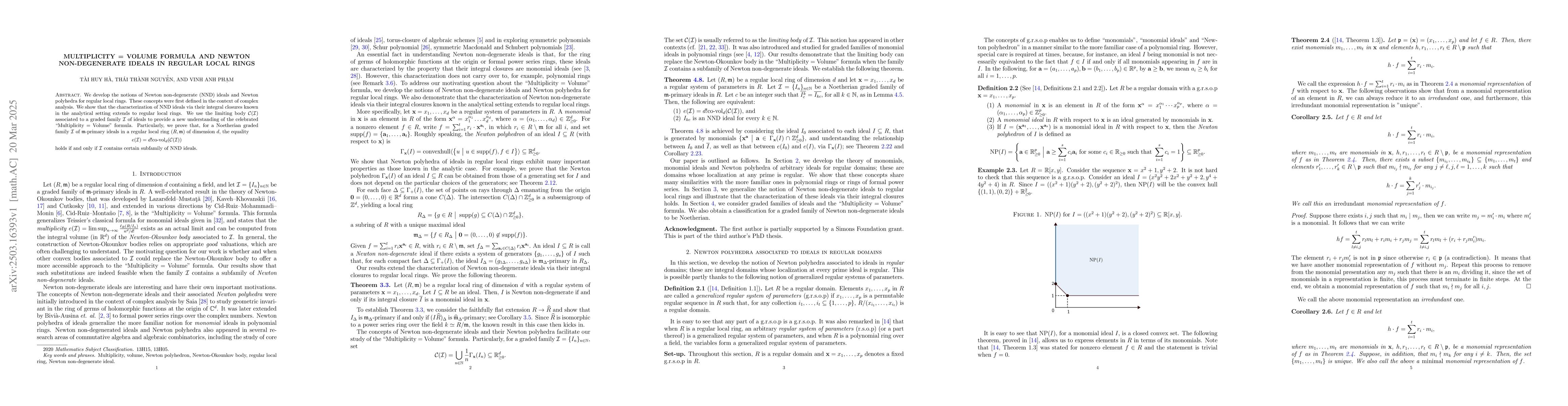 Thumbnail for Multiplicity $=$ Volume formula and Newton non-degenerate ideals in
  regular local rings