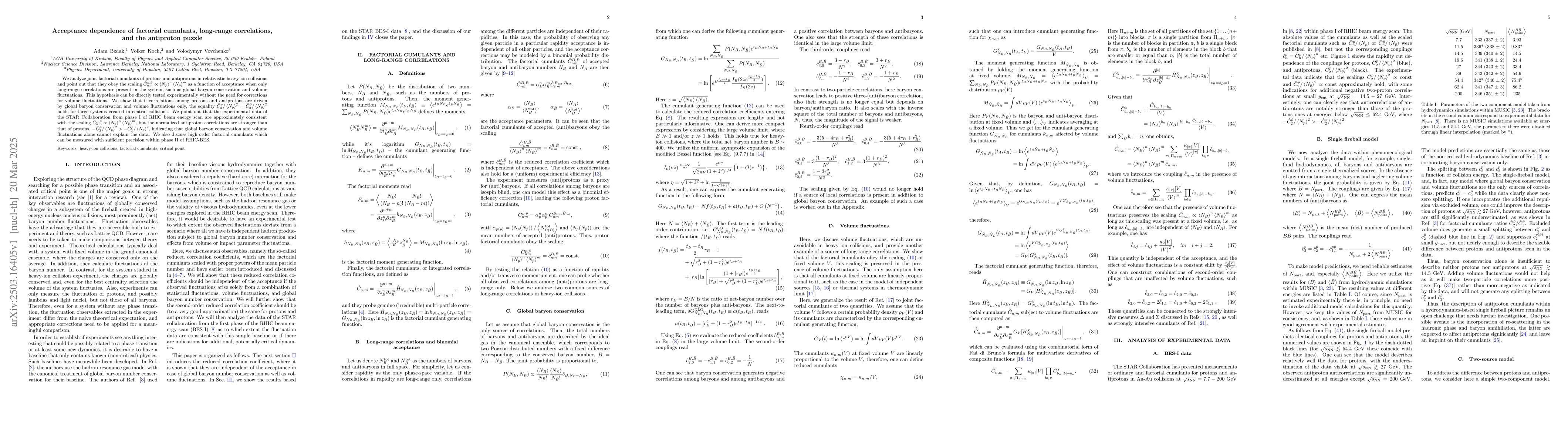 Thumbnail for Acceptance dependence of factorial cumulants, long-range correlations,
  and the antiproton puzzle