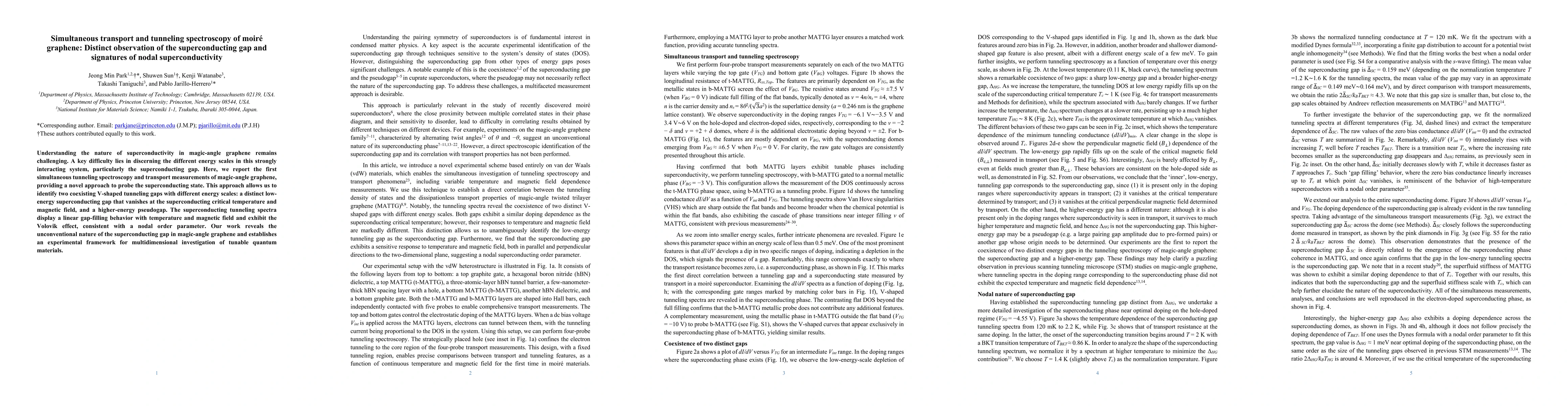 Thumbnail for Simultaneous transport and tunneling spectroscopy of moiré graphene:
  Distinct observation of the superconducting gap and signatures of nodal
  superconductivity