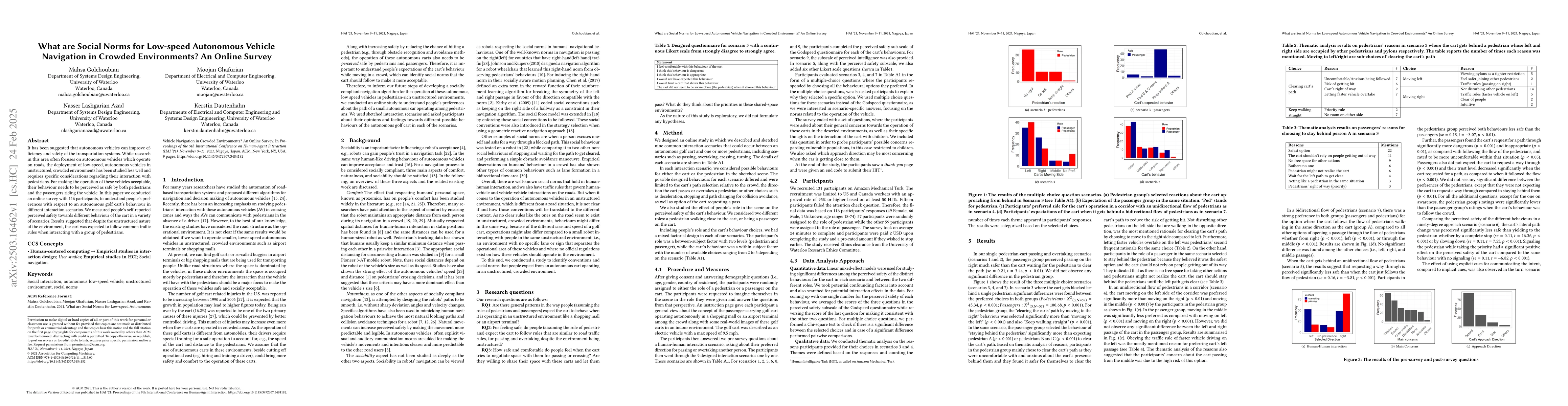 Thumbnail for What are Social Norms for Low-speed Autonomous Vehicle Navigation in
  Crowded Environments? An Online Survey