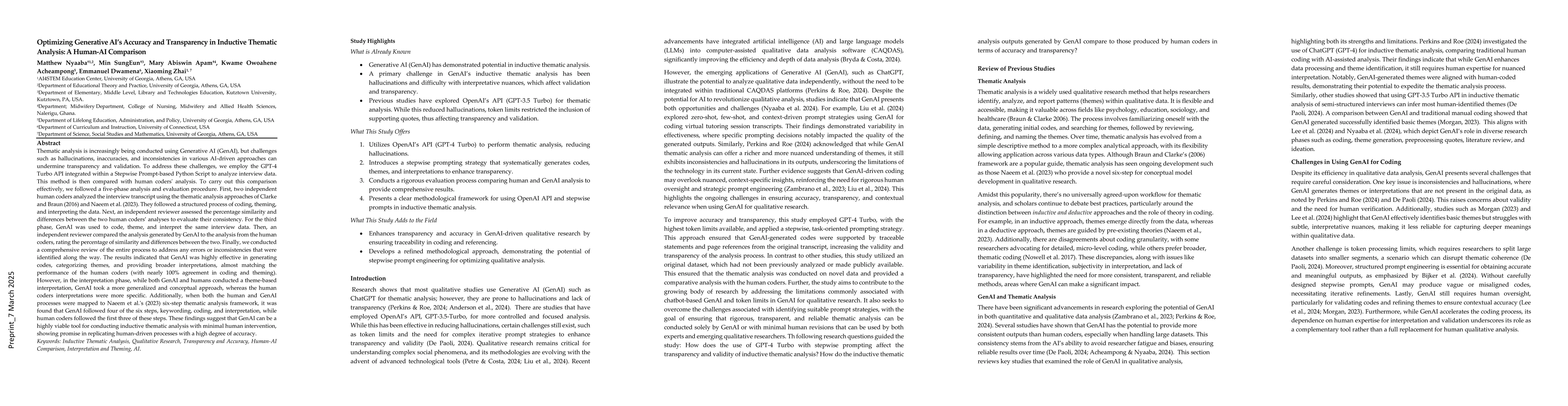 Thumbnail for Optimizing Generative AI's Accuracy and Transparency in Inductive
  Thematic Analysis: A Human-AI Comparison