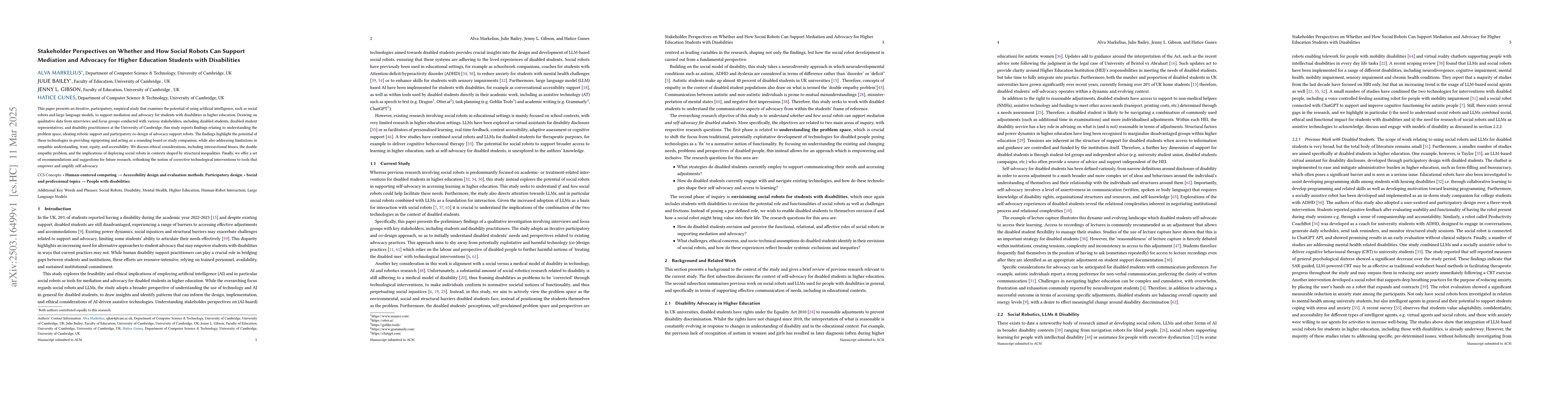 Thumbnail for Stakeholder Perspectives on Whether and How Social Robots Can Support
  Mediation and Advocacy for Higher Education Students with Disabilities