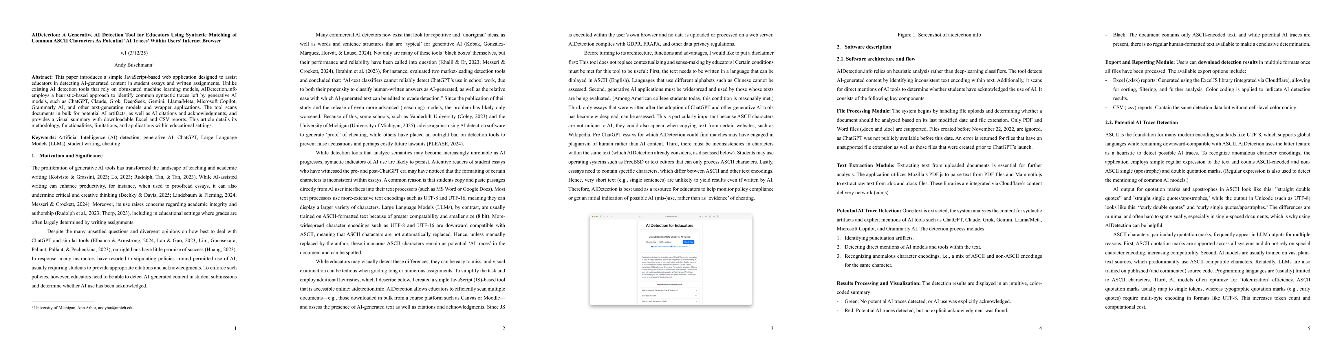 Thumbnail for AIDetection: A Generative AI Detection Tool for Educators Using
  Syntactic Matching of Common ASCII Characters As Potential 'AI Traces' Within
  Users' Internet Browser