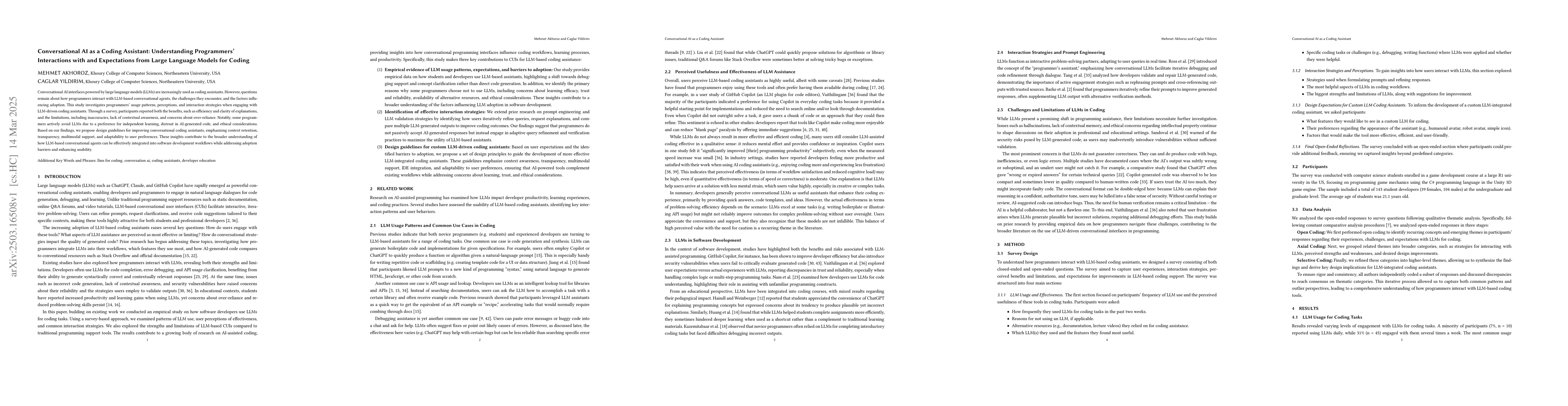 Thumbnail for Conversational AI as a Coding Assistant: Understanding Programmers'
  Interactions with and Expectations from Large Language Models for Coding