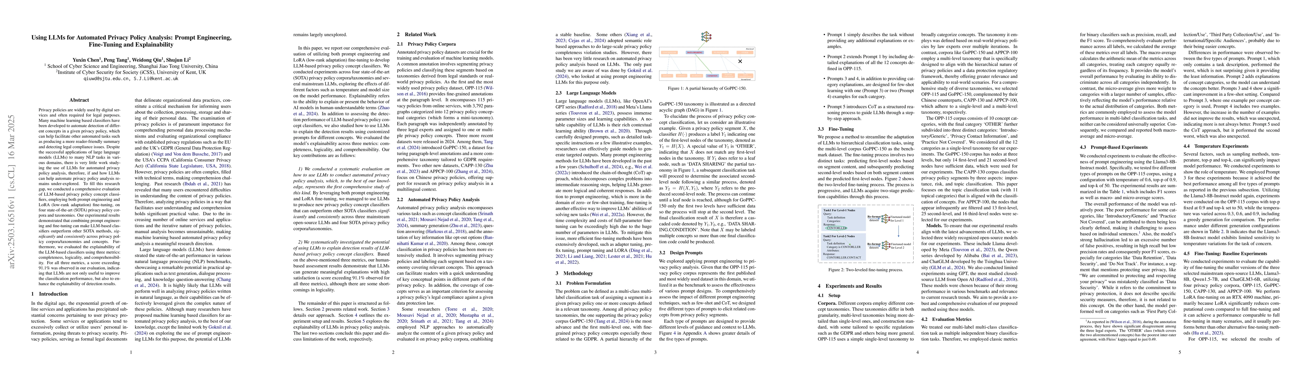 Thumbnail for Using LLMs for Automated Privacy Policy Analysis: Prompt Engineering,
  Fine-Tuning and Explainability