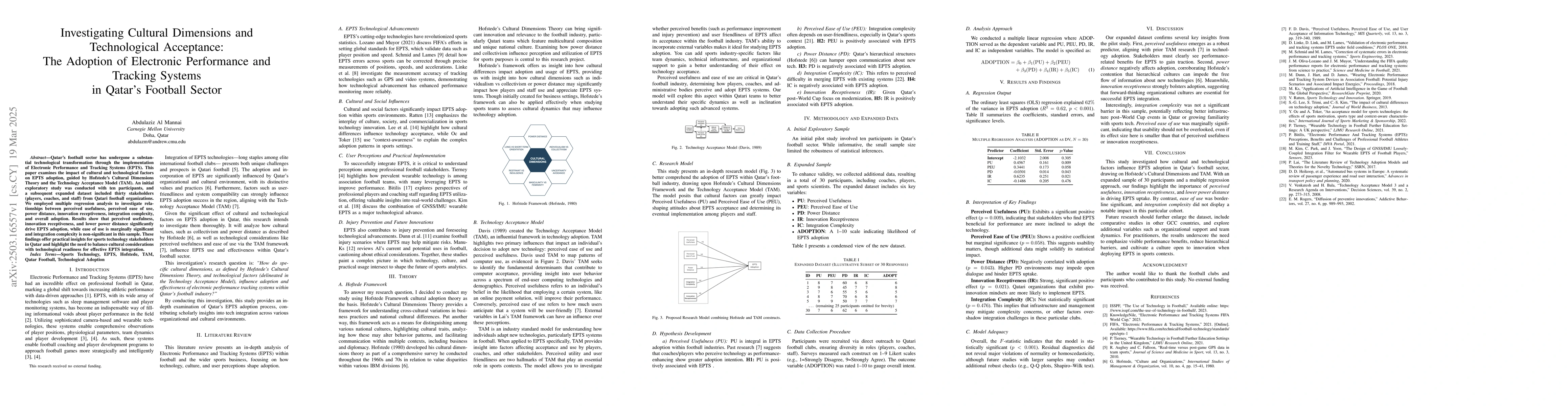 Thumbnail for Investigating Cultural Dimensions and Technological Acceptance: The
  Adoption of Electronic Performance and Tracking Systems in Qatar's Football
  Sector