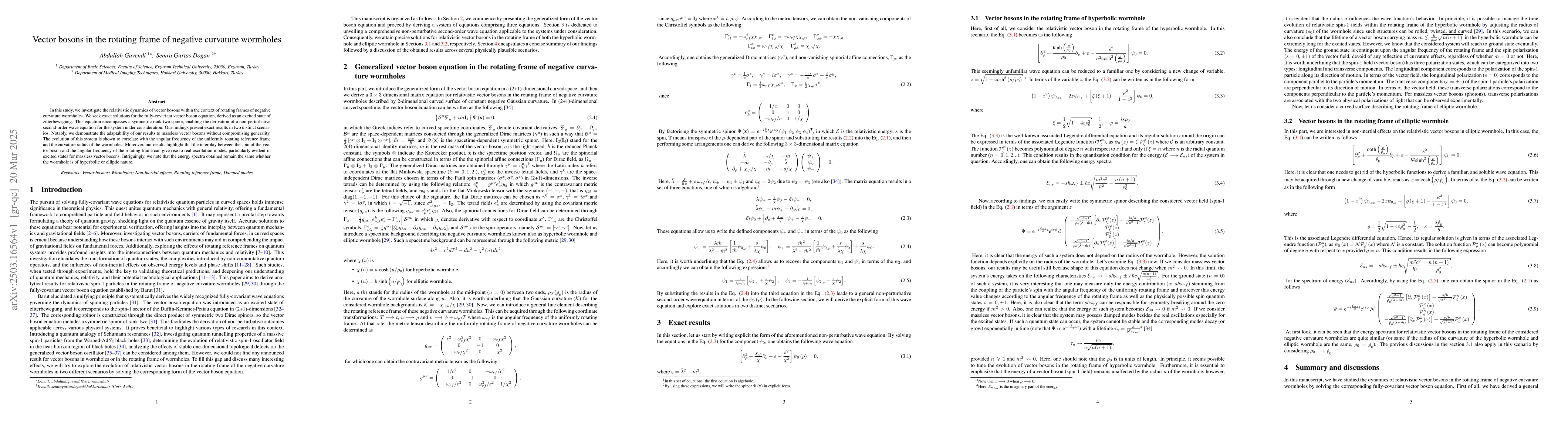 Thumbnail for Vector bosons in the rotating frame of negative curvature wormholes
