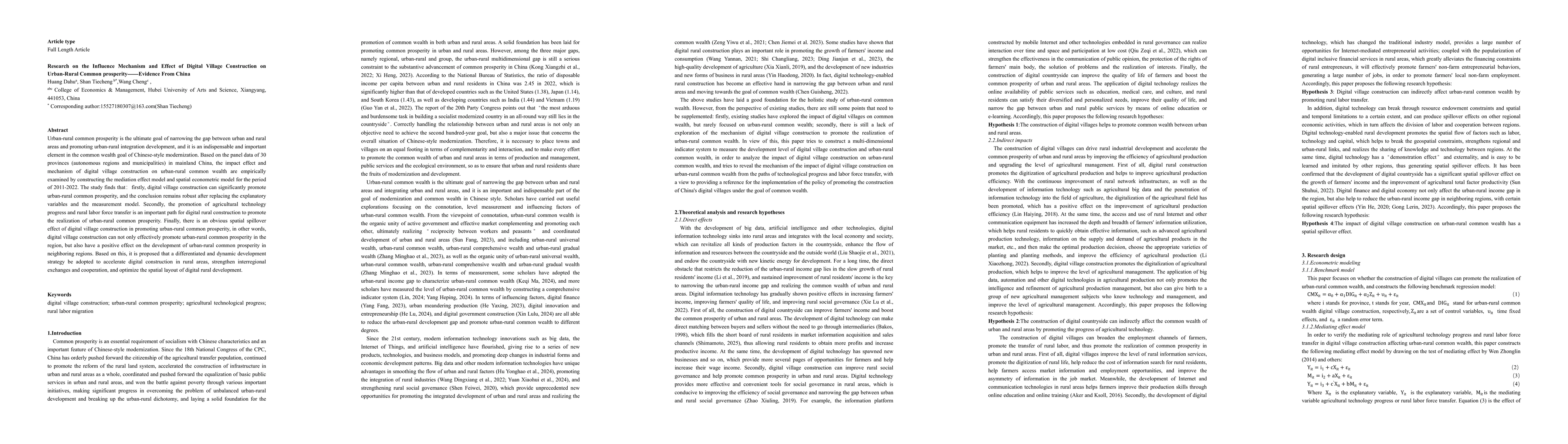 Thumbnail for Research on the Influence Mechanism and Effect of Digital Village
  Construction on Urban-Rural Common prosperity Evidence From China