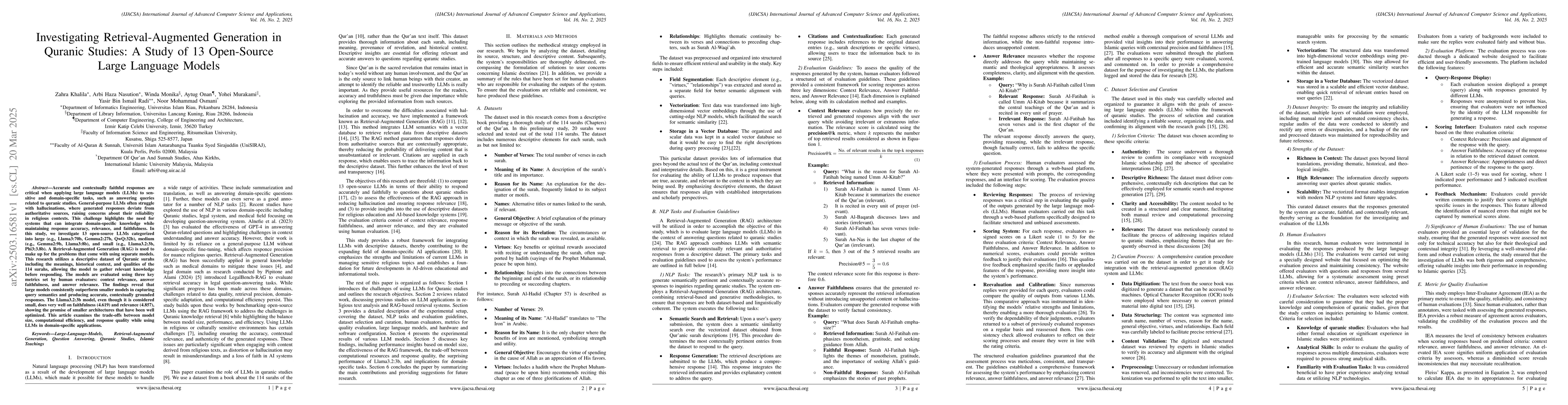 Thumbnail for Investigating Retrieval-Augmented Generation in Quranic Studies: A Study
  of 13 Open-Source Large Language Models