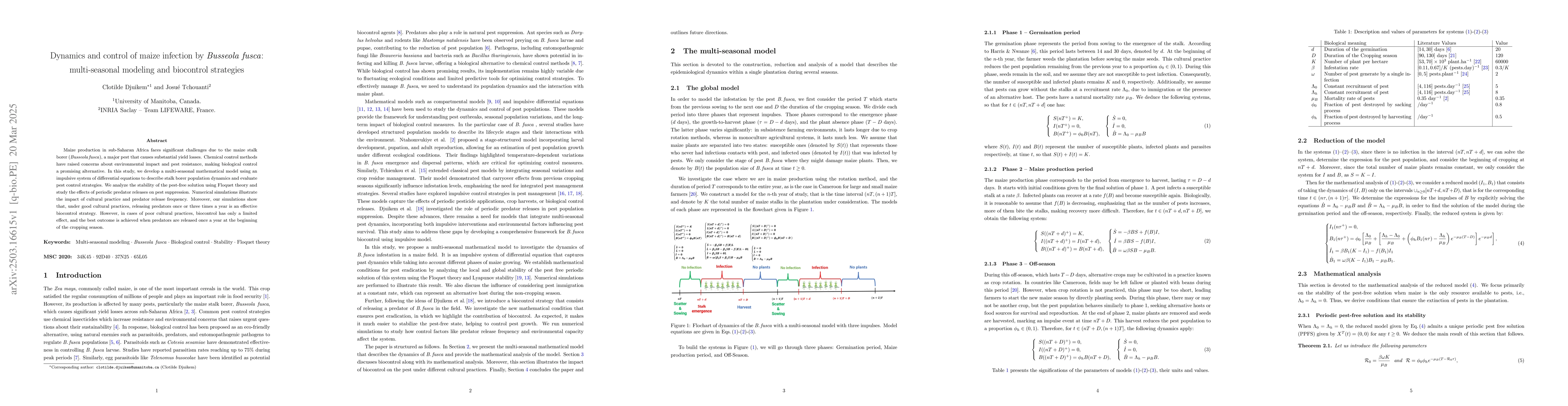 Thumbnail for Dynamics and control of maize infection by Busseola fusca:
  multi-seasonal modeling and biocontrol strategies