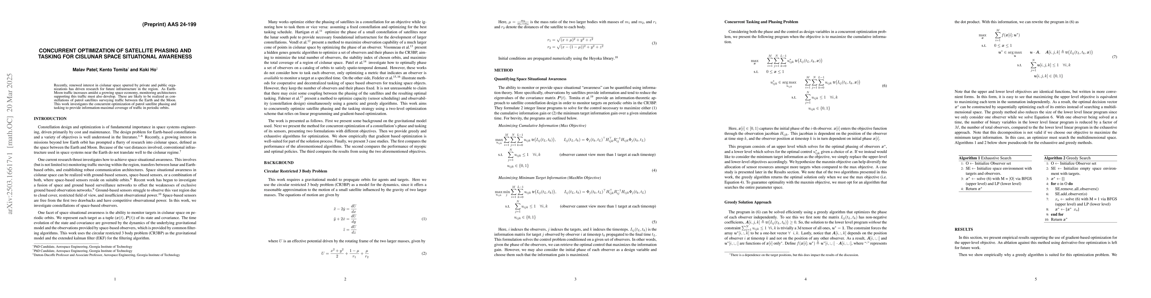Thumbnail for Concurrent Optimization of Satellite Phasing and Tasking for Cislunar
  Space Situational Awareness