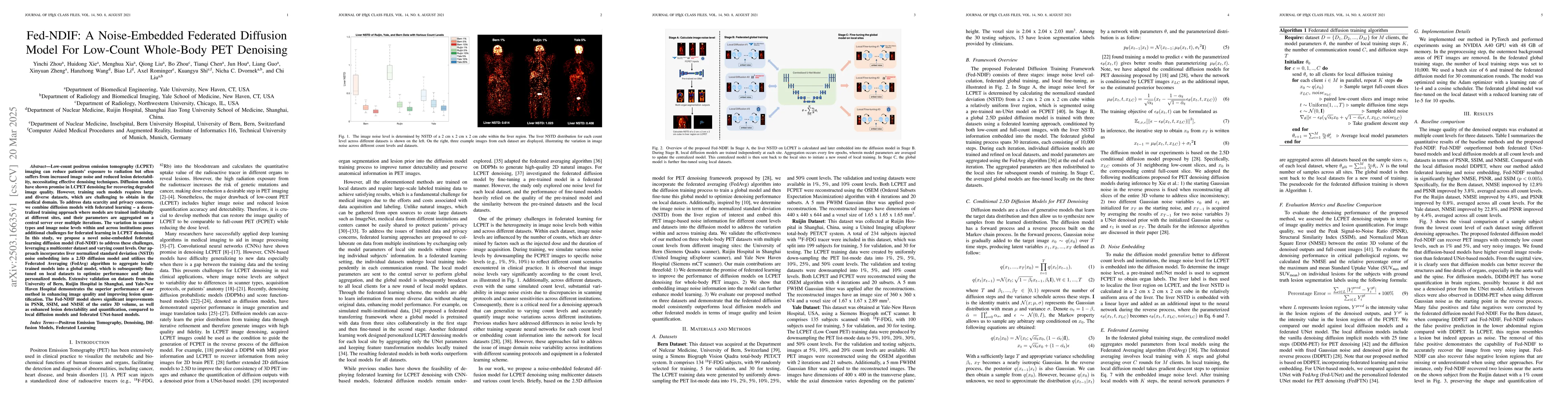 Thumbnail for Fed-NDIF: A Noise-Embedded Federated Diffusion Model For Low-Count
  Whole-Body PET Denoising