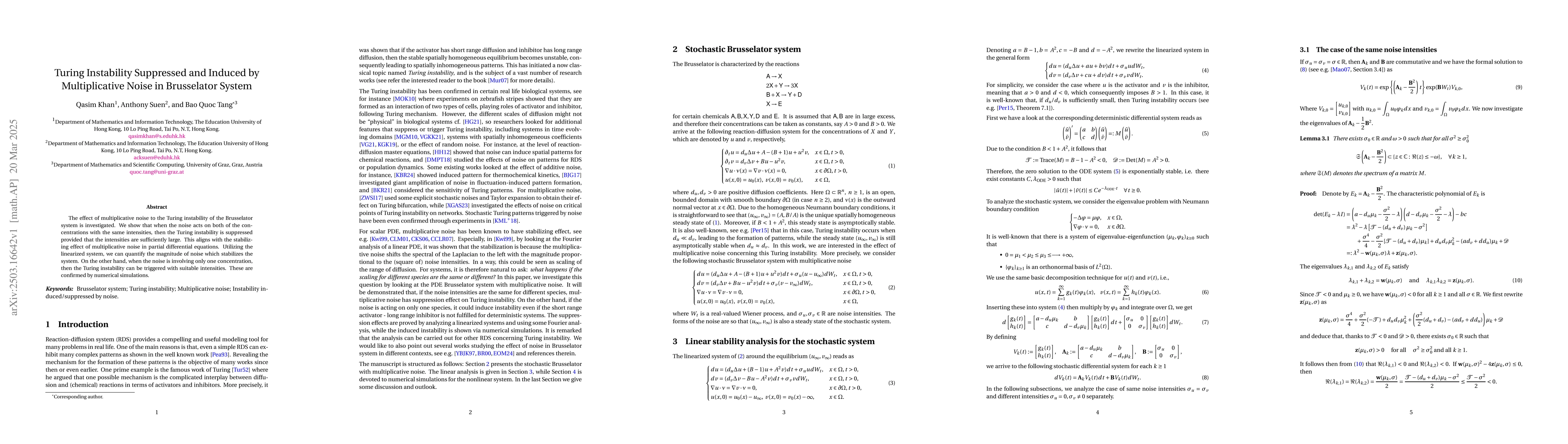Thumbnail for Turing Instability Suppressed and Induced by Multiplicative Noise in
  Brusselator System
