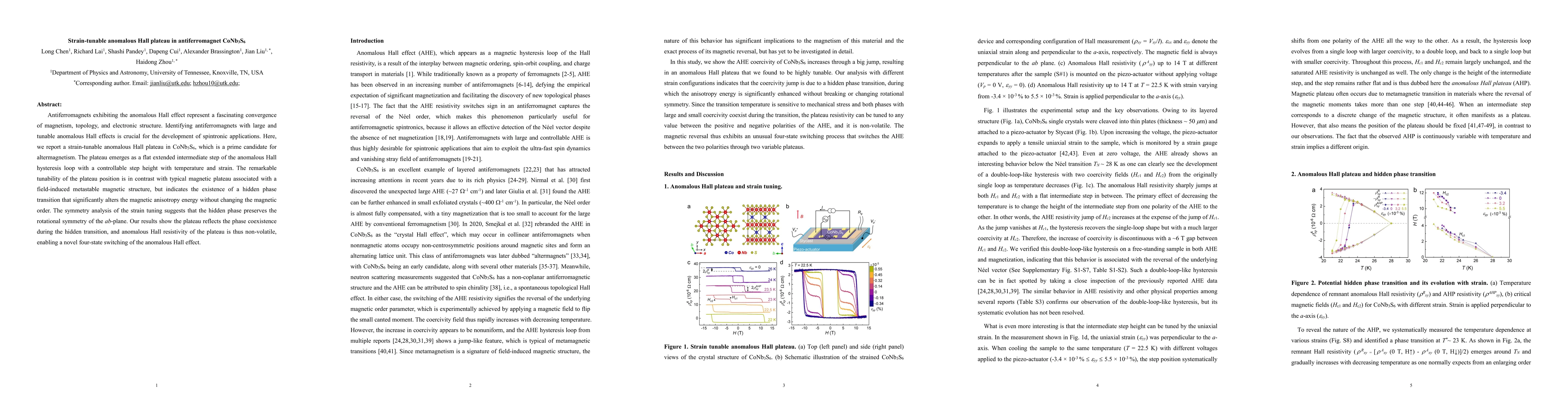 Thumbnail for Strain-tunable anomalous Hall plateau in antiferromagnet CoNb$_3$S$_6$