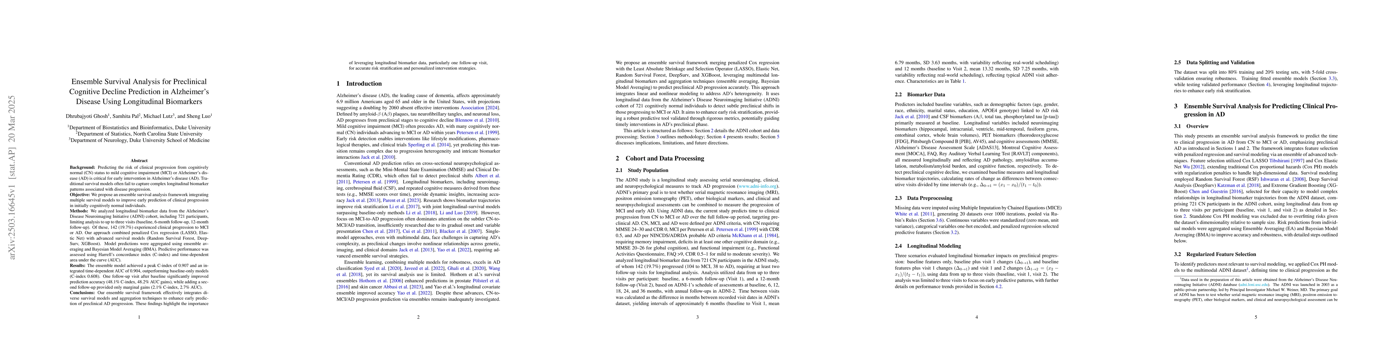 Thumbnail for Ensemble Survival Analysis for Preclinical Cognitive Decline Prediction
  in Alzheimer's Disease Using Longitudinal Biomarkers