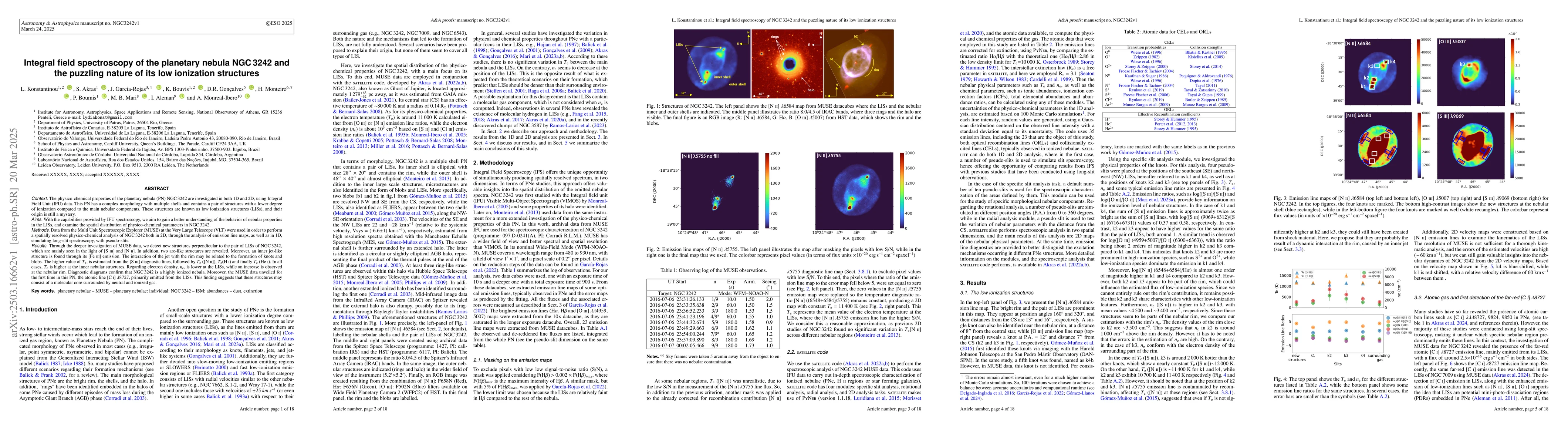 Thumbnail for Integral field spectroscopy of the planetary nebula NGC 3242 and the
  puzzling nature of its low ionization structures