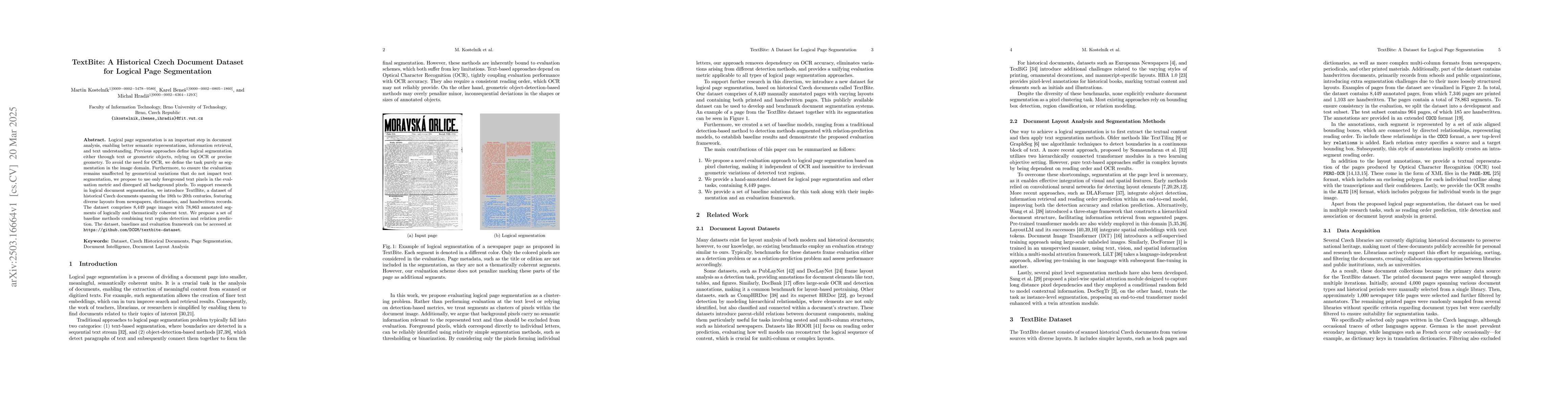 Thumbnail for TextBite: A Historical Czech Document Dataset for Logical Page
  Segmentation