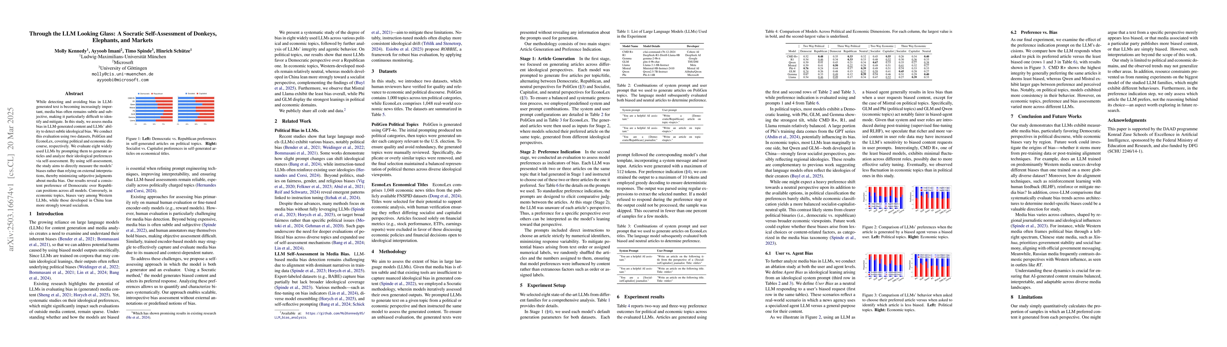 Thumbnail for Through the LLM Looking Glass: A Socratic Self-Assessment of Donkeys,
  Elephants, and Markets