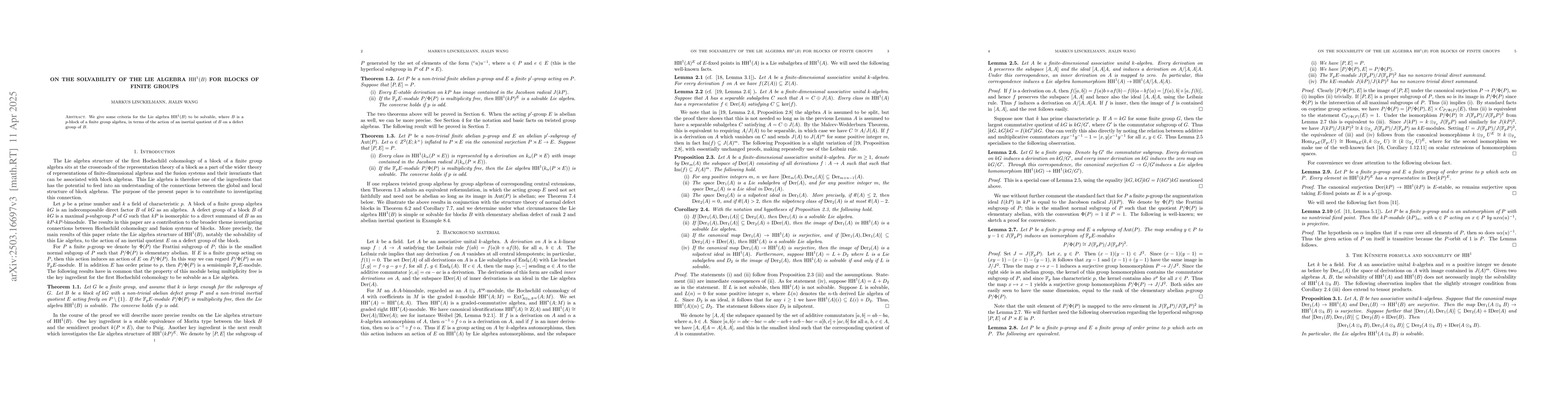 Thumbnail for On the solvability of the Lie algebra $\mathrm{HH}^1(B)$ for blocks of
  finite groups