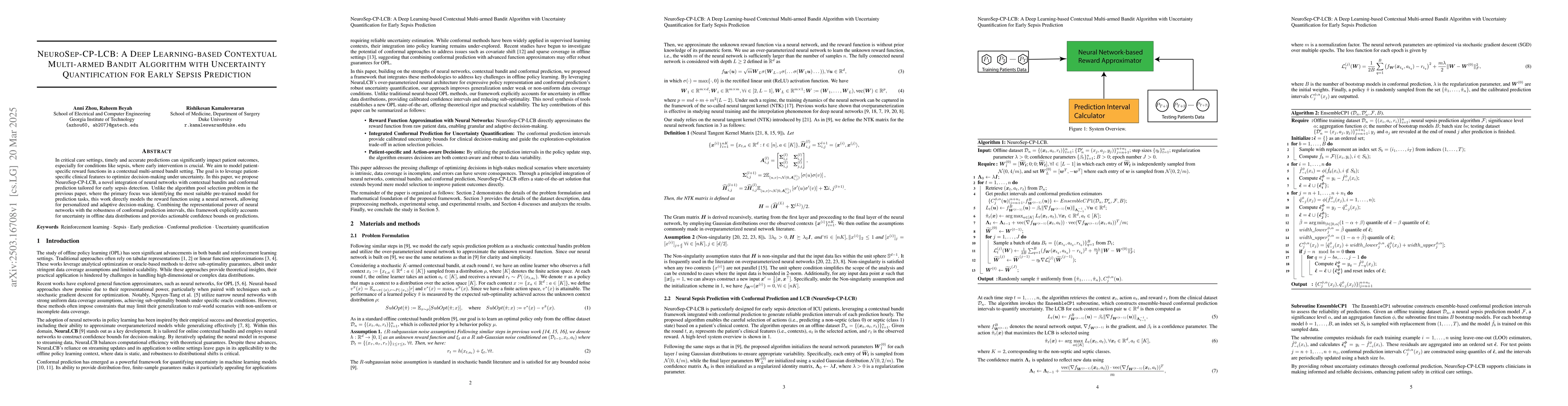 Thumbnail for NeuroSep-CP-LCB: A Deep Learning-based Contextual Multi-armed Bandit
  Algorithm with Uncertainty Quantification for Early Sepsis Prediction