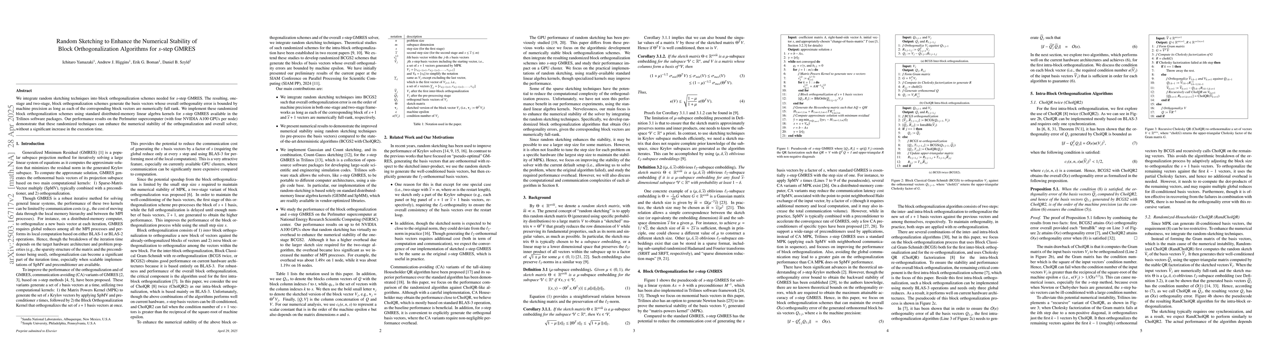 Thumbnail for Random-sketching Techniques to Enhance the Numerically Stability of
  Block Orthogonalization Algorithms for s-step GMRES