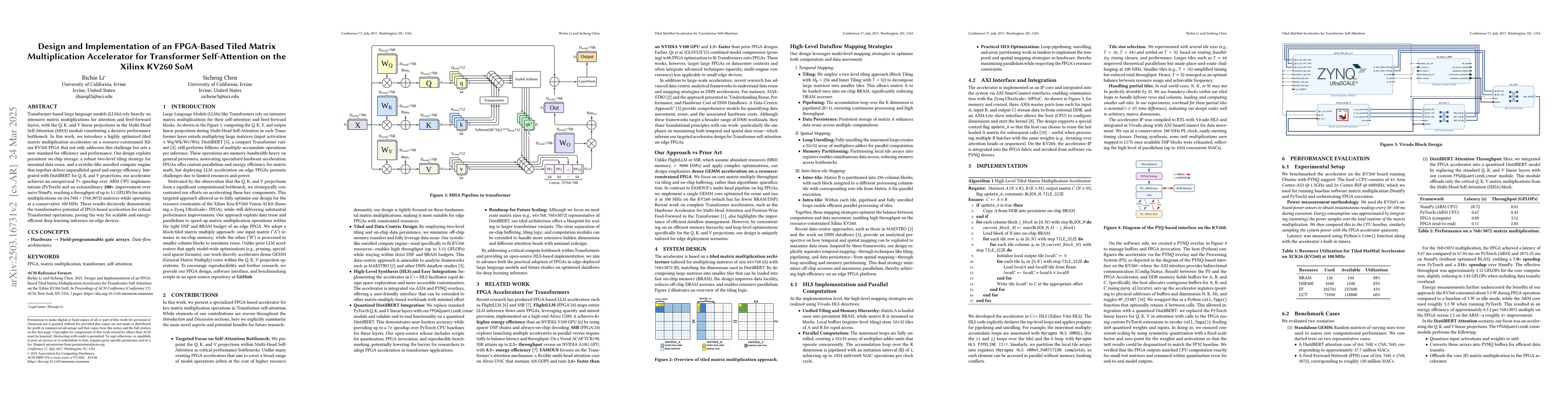 Thumbnail for Design and Implementation of an FPGA-Based Tiled Matrix Multiplication
  Accelerator for Transformer Self-Attention on the Xilinx KV260 SoM