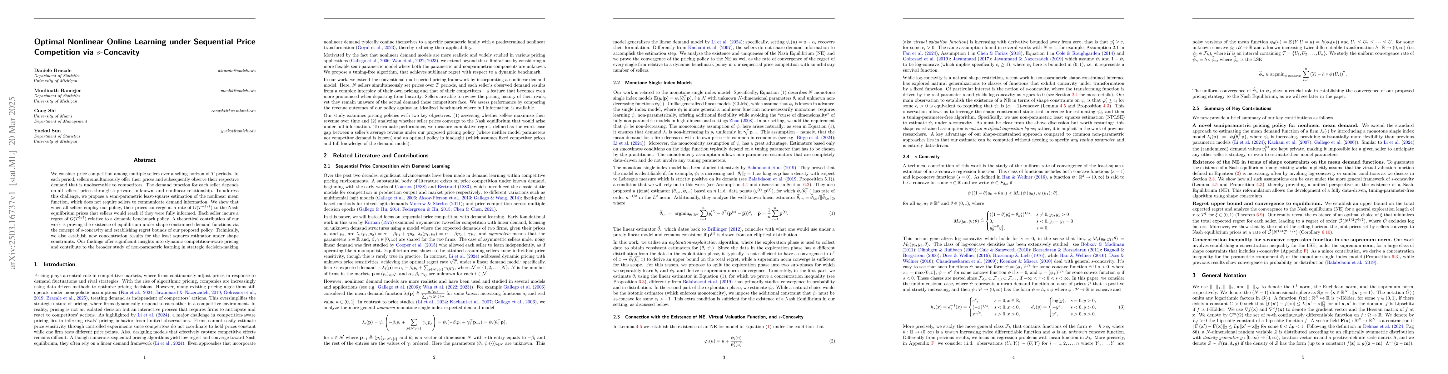 Thumbnail for Optimal Nonlinear Online Learning under Sequential Price Competition via
  s-Concavity