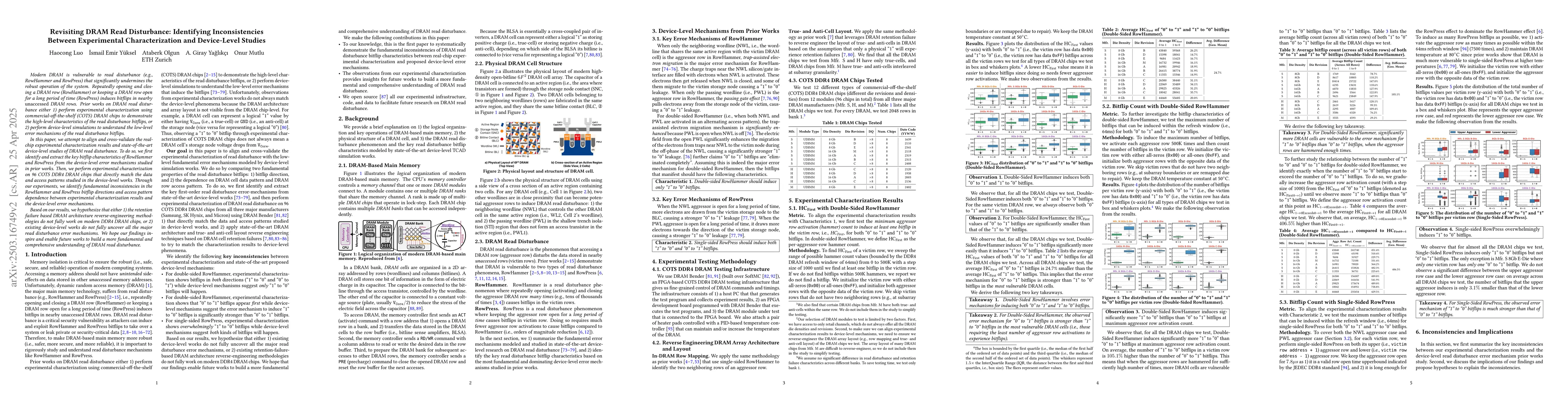 Thumbnail for Revisiting DRAM Read Disturbance: Identifying Inconsistencies Between
  Experimental Characterization and Device-Level Studies