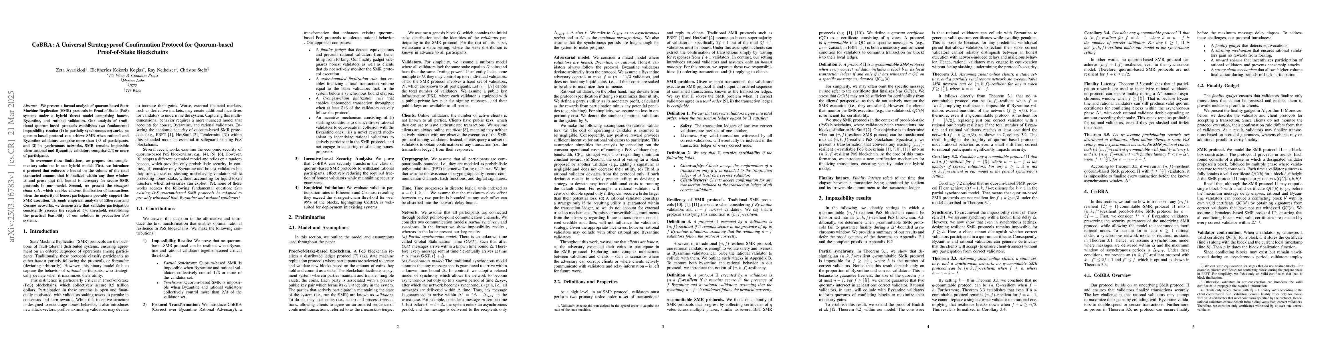 Thumbnail for CoBRA: A Universal Strategyproof Confirmation Protocol for Quorum-based
  Proof-of-Stake Blockchains