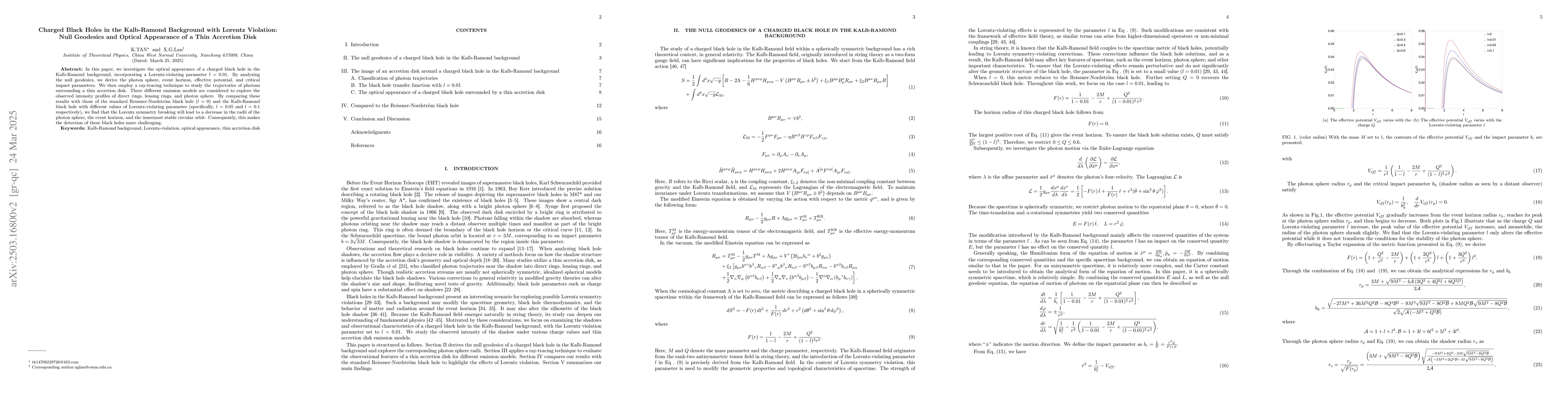 Thumbnail for Charged Black Holes in the Kalb-Ramond Background with Lorentz
  Violation: Null Geodesics and Optical Appearance of a Thin Accretion Disk