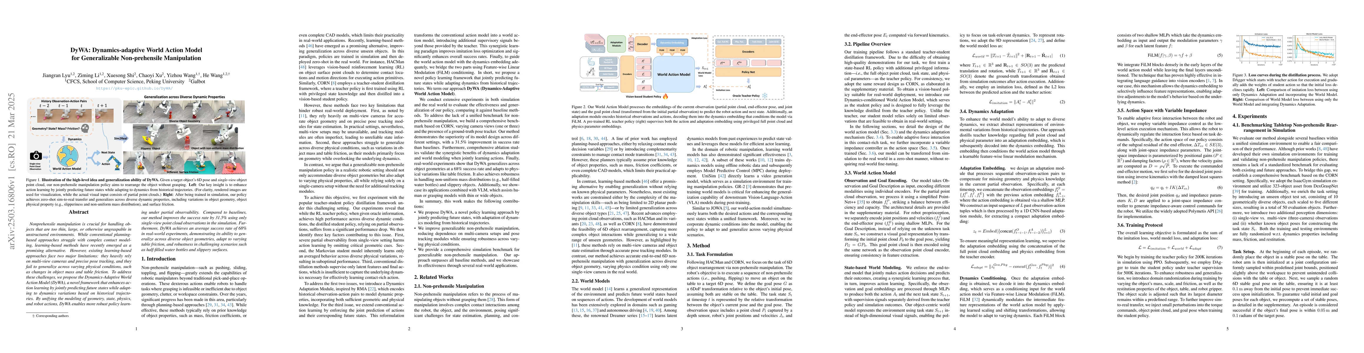 Thumbnail for DyWA: Dynamics-adaptive World Action Model for Generalizable
  Non-prehensile Manipulation