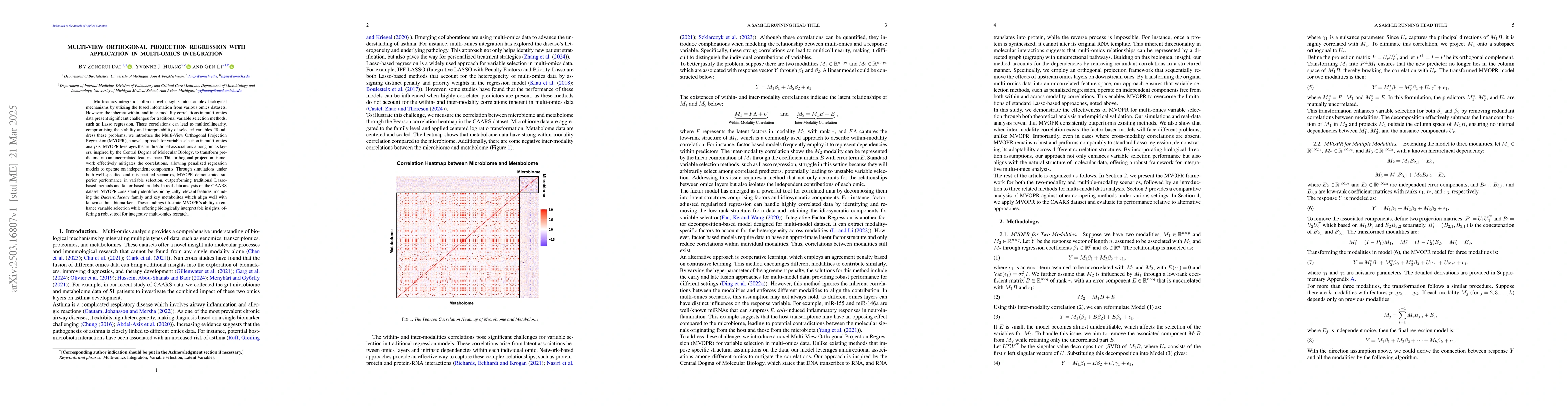 Thumbnail for Multi-View Orthogonal Projection Regression with Application in
  Multi-omics integration