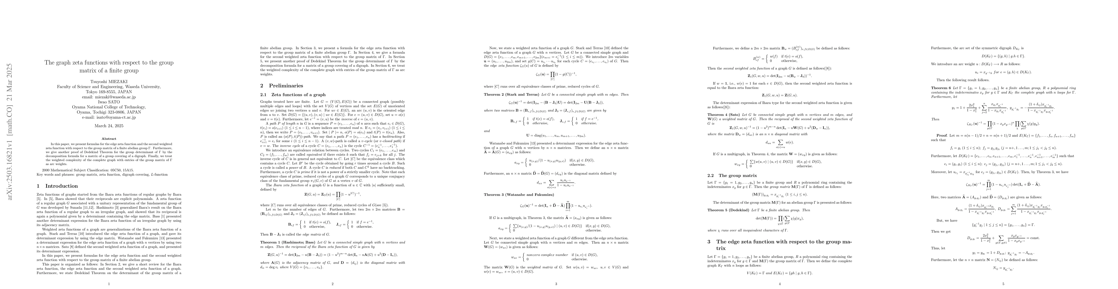Thumbnail for The graph zeta functions with respect to the group matrix of a finite
  group