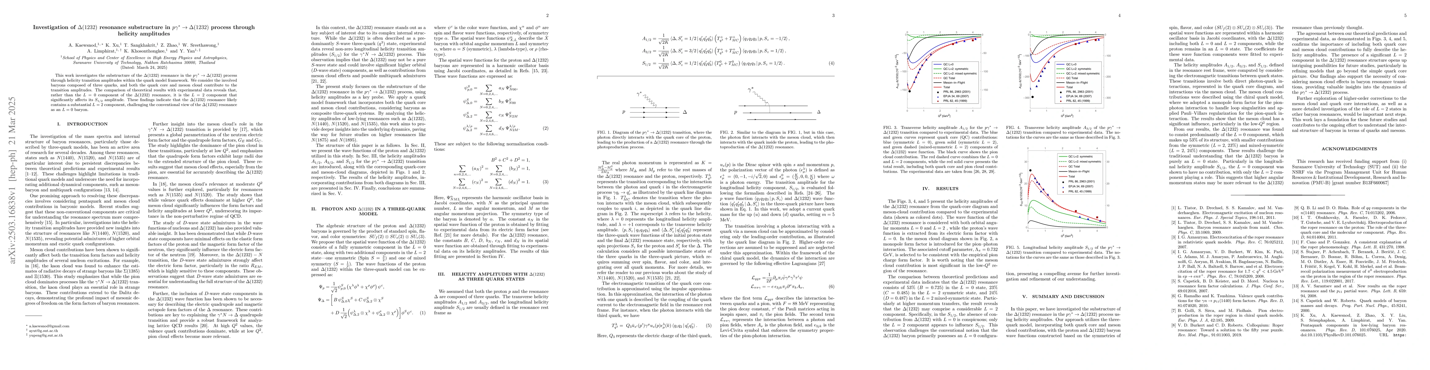 Thumbnail for Investigation of $Δ(1232)$ resonance substructure in $pγ^*\to
  Δ(1232)$ process through helicity amplitudes