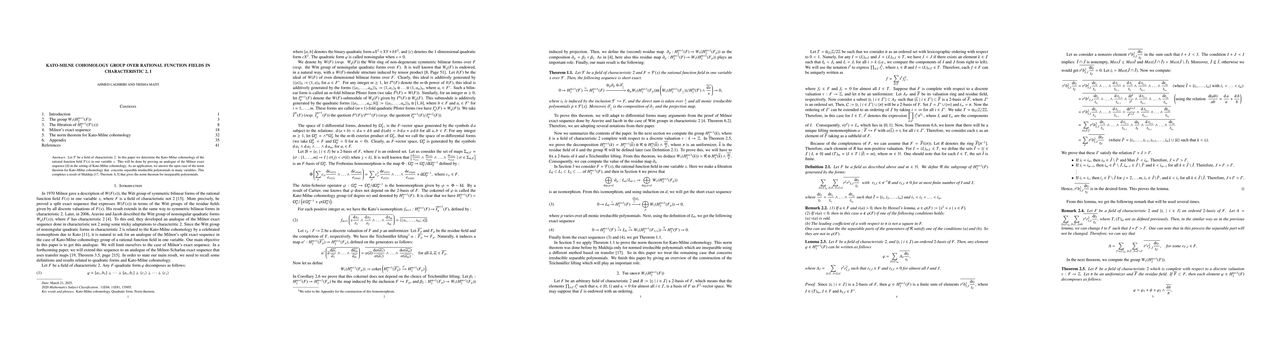 Thumbnail for Kato-Milne cohomology group over rational function fields in
  characteristic 2, I