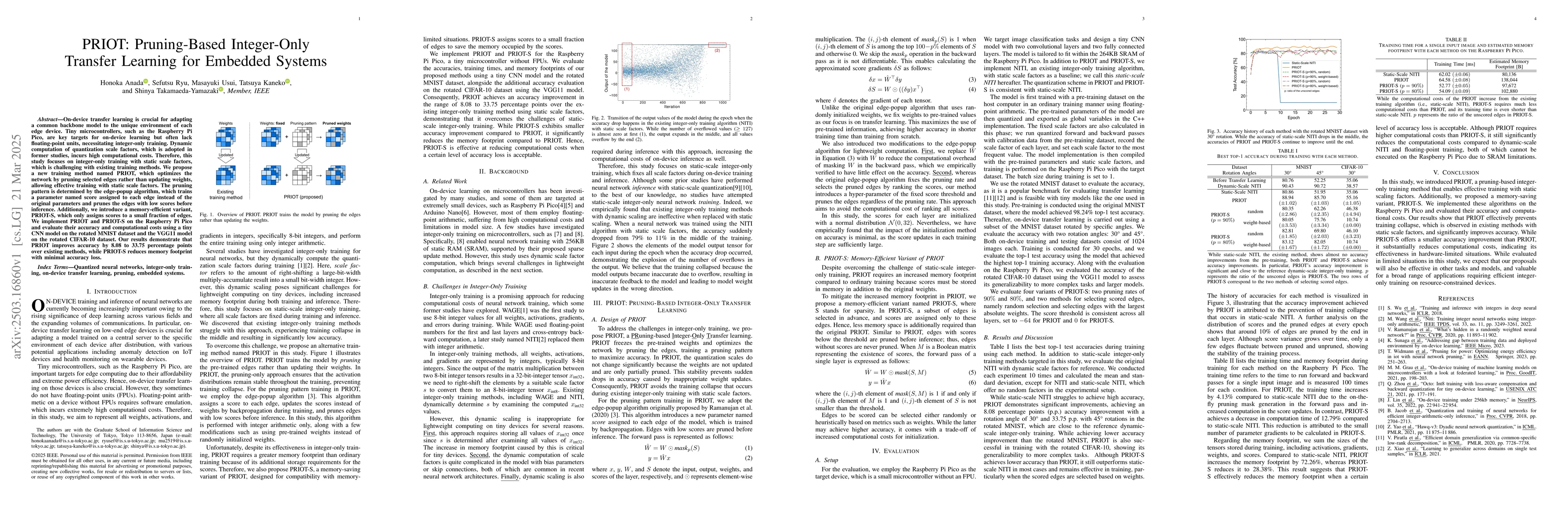 Thumbnail for PRIOT: Pruning-Based Integer-Only Transfer Learning for Embedded Systems