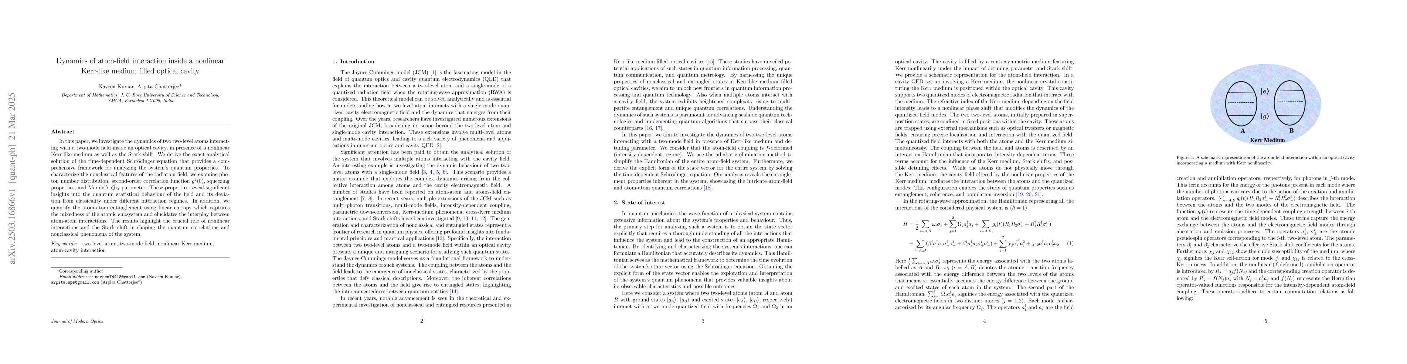 Thumbnail for Dynamics of atom-field interaction inside a nonlinear Kerr-like medium
  filled optical cavity