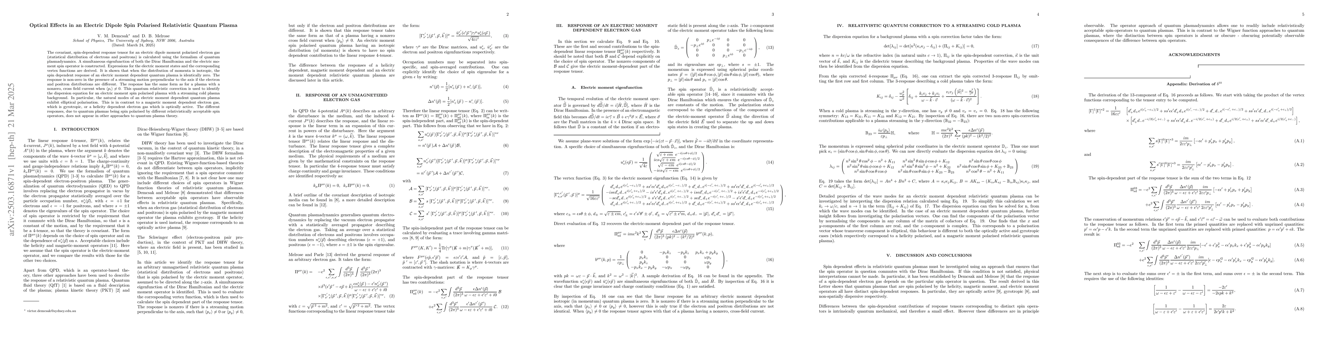 Thumbnail for Optical Effects in an Electric Dipole Spin Polarised Relativistic
  Quantum Plasma