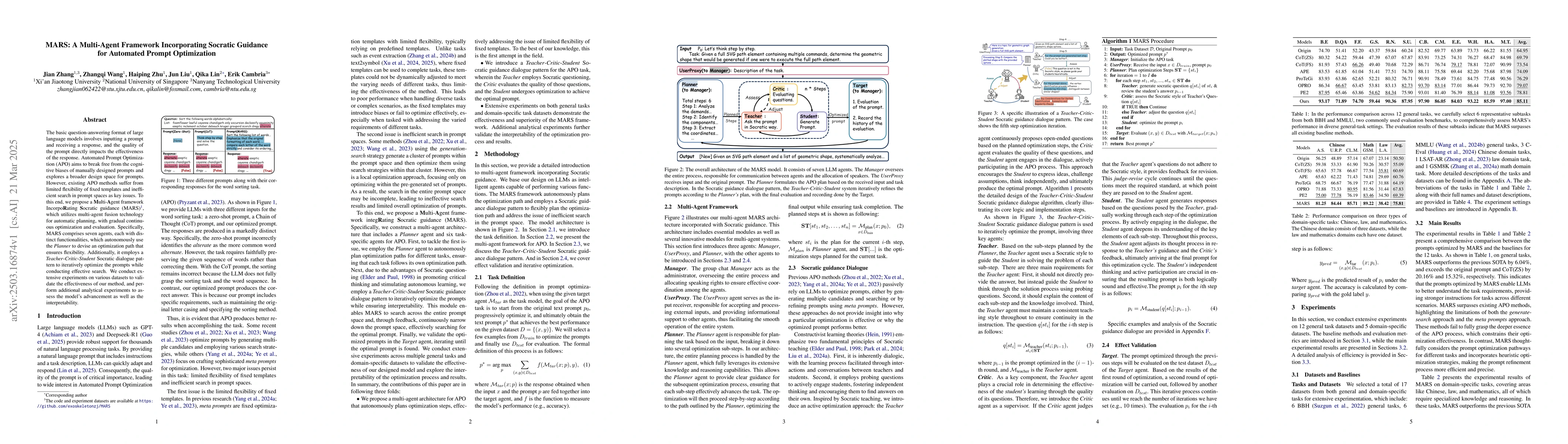 Thumbnail for MARS: A Multi-Agent Framework Incorporating Socratic Guidance for
  Automated Prompt Optimization
