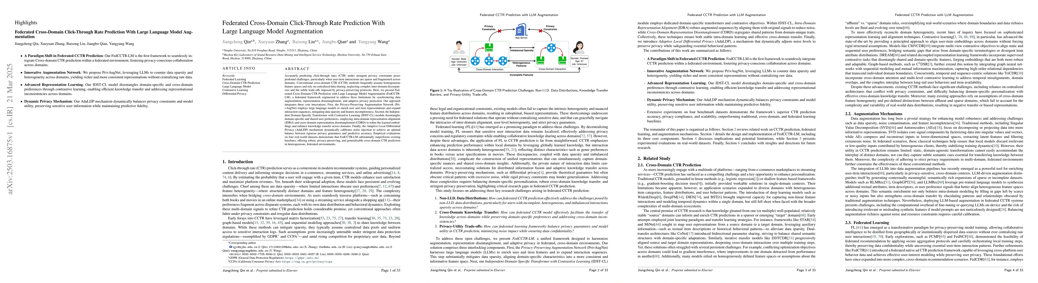 Thumbnail for Federated Cross-Domain Click-Through Rate Prediction With Large Language
  Model Augmentation
