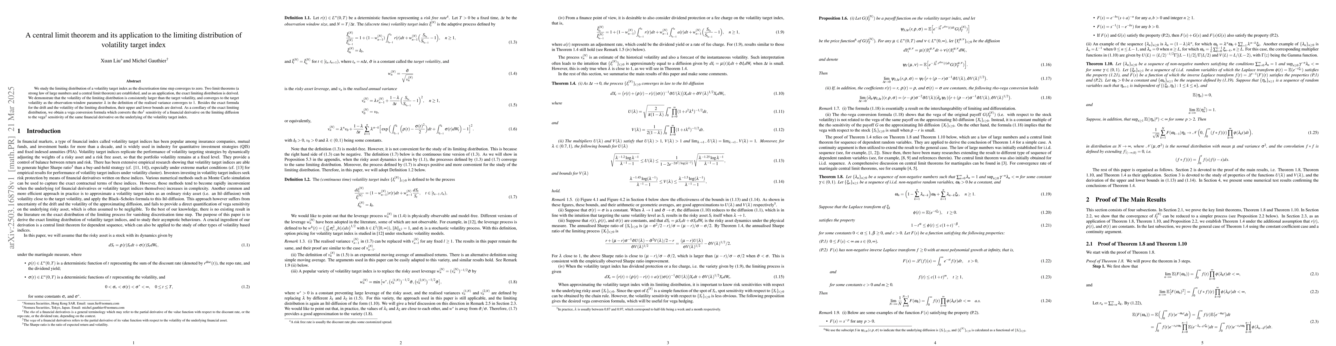 Thumbnail for A central limit theorem and its application to the limiting distribution
  of volatility target index