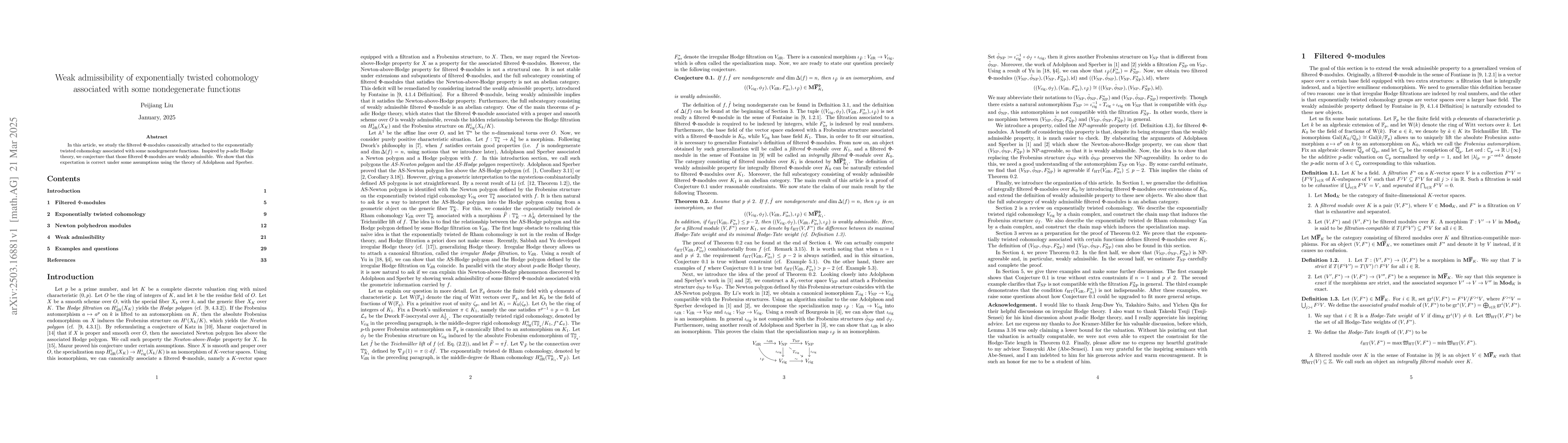 Thumbnail for Weak admissibility of exponentially twisted cohomology associated with
  some nondegenerate functions