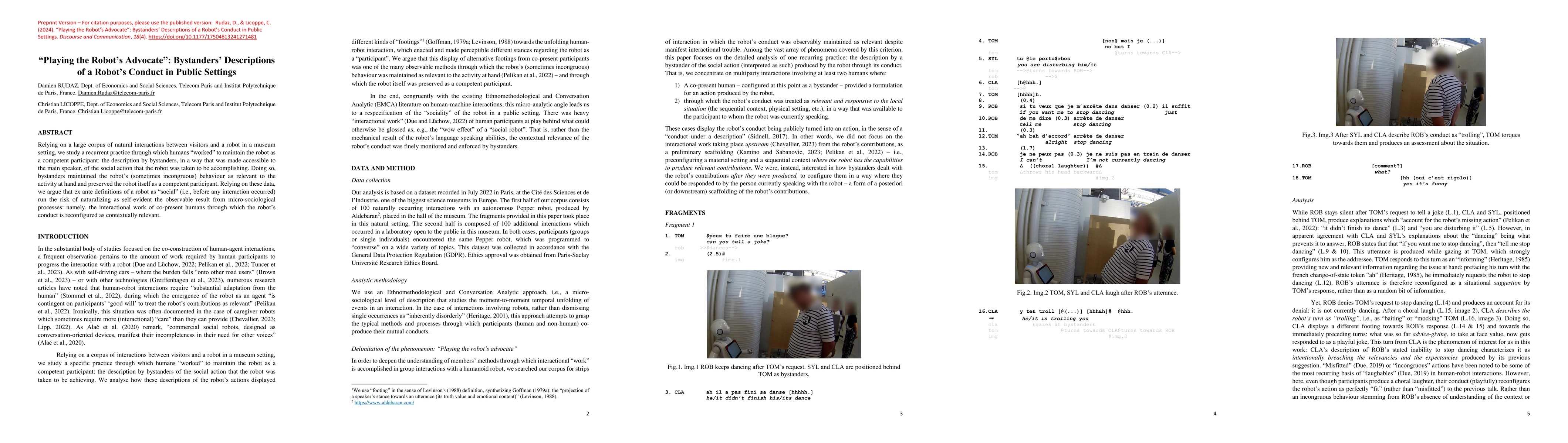 Thumbnail for "Playing the robot's advocate": Bystanders' descriptions of a robot's
  conduct in public settings