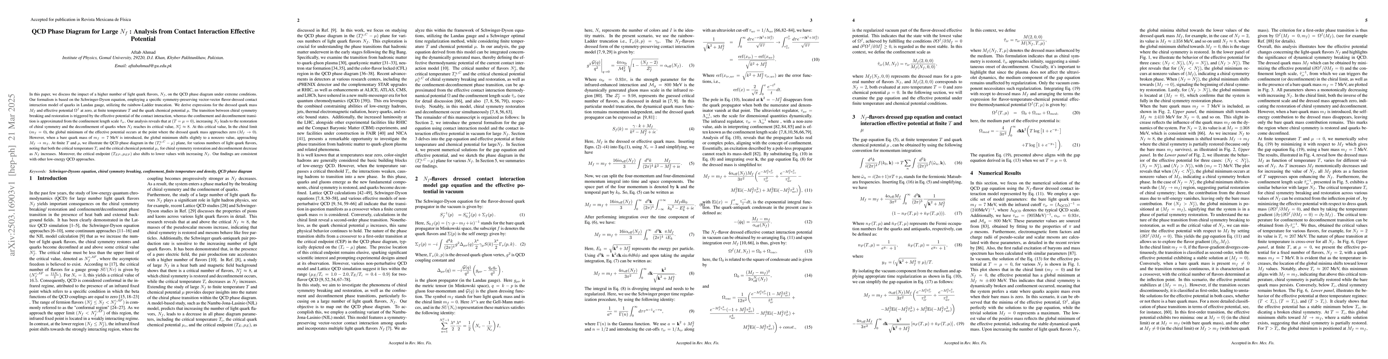 Thumbnail for QCD Phase Diagram for Large $N_f$ : Analysis from Contact Interaction
  Effective Potential