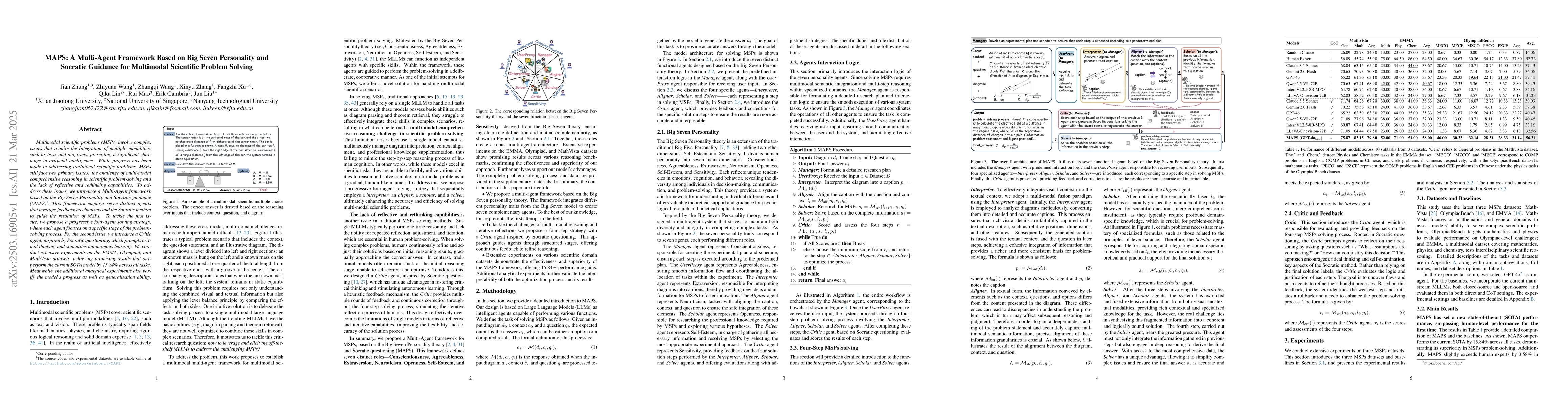 Thumbnail for MAPS: A Multi-Agent Framework Based on Big Seven Personality and
  Socratic Guidance for Multimodal Scientific Problem Solving