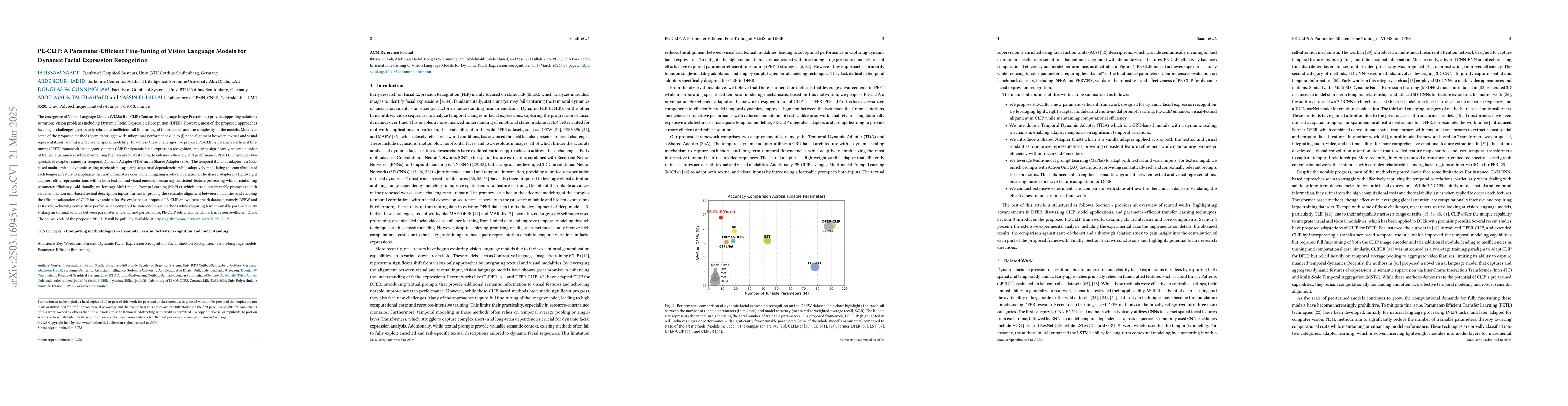 Thumbnail for PE-CLIP: A Parameter-Efficient Fine-Tuning of Vision Language Models for
  Dynamic Facial Expression Recognition