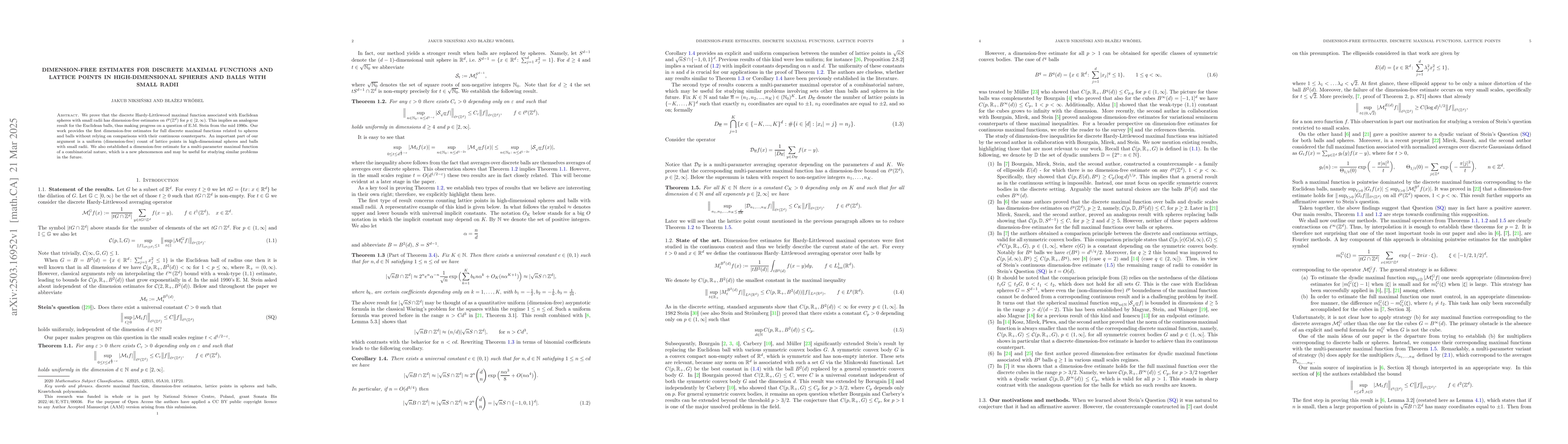 Thumbnail for Dimension-free estimates for discrete maximal functions and lattice
  points in high-dimensional spheres and balls with small radii