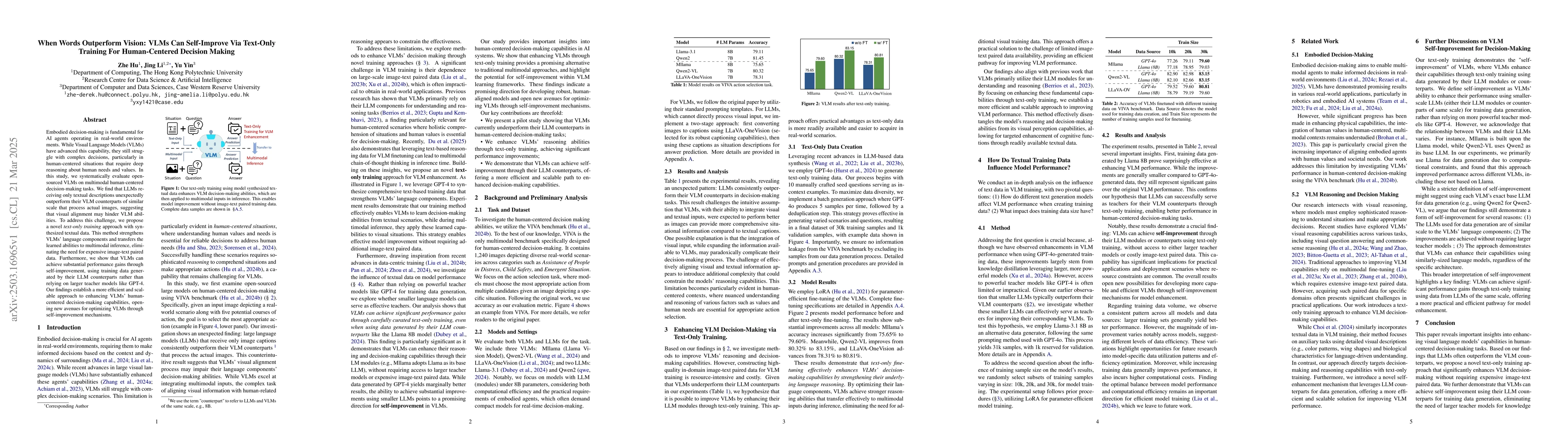 Thumbnail for When Words Outperform Vision: VLMs Can Self-Improve Via Text-Only
  Training For Human-Centered Decision Making
